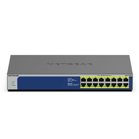 Netgear GS516PP Non-géré Gigabit Ethernet (10/100/1000) Bleu, Gris Connexion Ethernet, supportant l'alimentation via ce port (Po