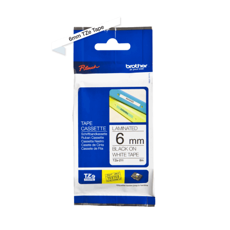 TZE-211 LAMINATED TAPE 6MM 8M NOIR/BLANC