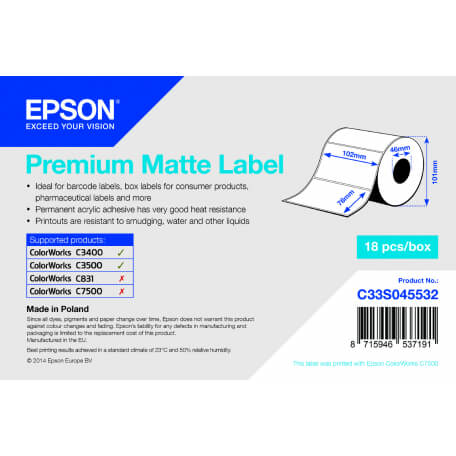 Epson Premium Matte Label - Die-cut Roll: 102mm x 76mm, 440 labels